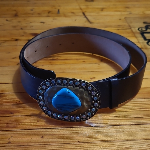 Genuine Leather Barbara & Company Black Belt with Gold and Turquoise Buckle - Picture 8 of 8